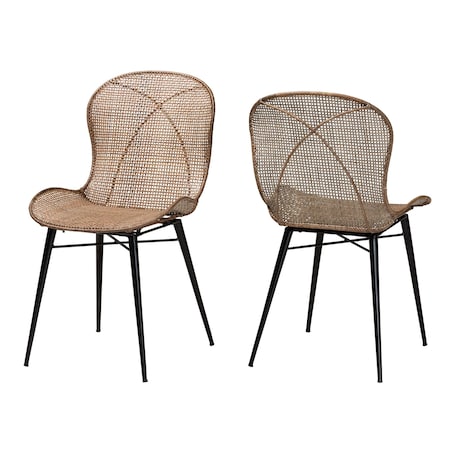 Baxton Studio Sabelle Japandi Greywashed Rattan and Black Metal 2-Piece Dining Chair Set 233-2PC-12830-ZORO